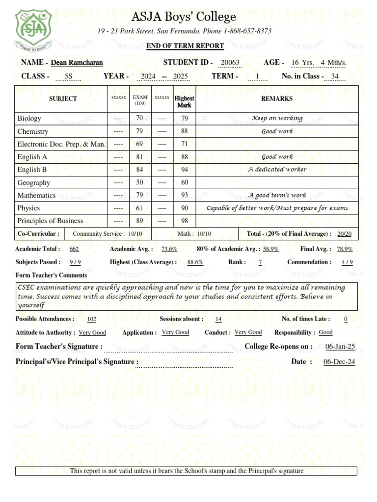 End of Term Report for Dean Ramcharan | PDF