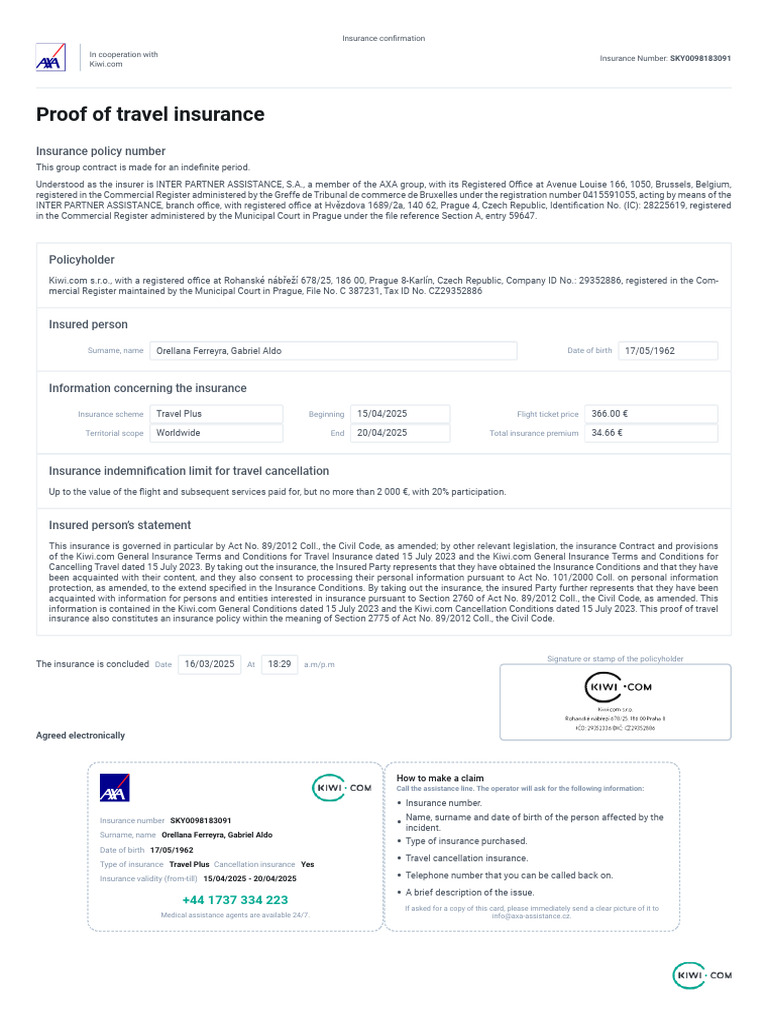 AXA Travel Insurance Confirmation | PDF | Insurance | Health Care