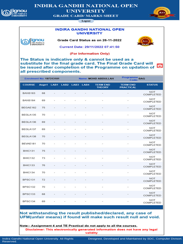 ignou grade card IGNOU Grade Card Status Overview