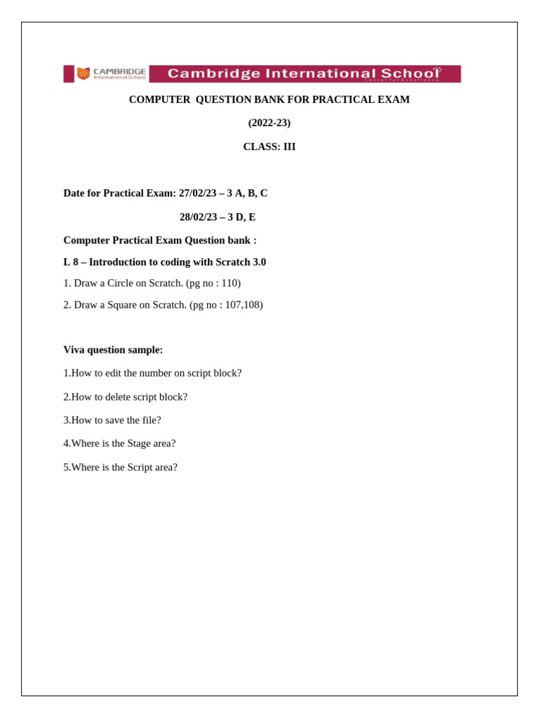CLASS 3 Annual Practical Exam Q.B.1708765217 | PDF