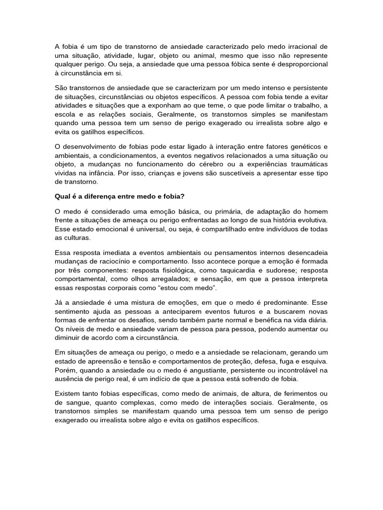 Fobia: Definição e Tratamento | PDF | Ansiedade | Emoções