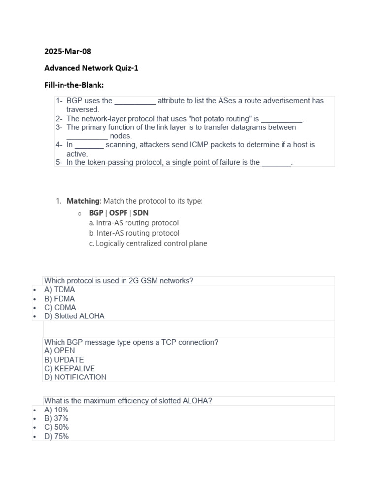 Advanced Network Quiz Questions and Answers | PDF