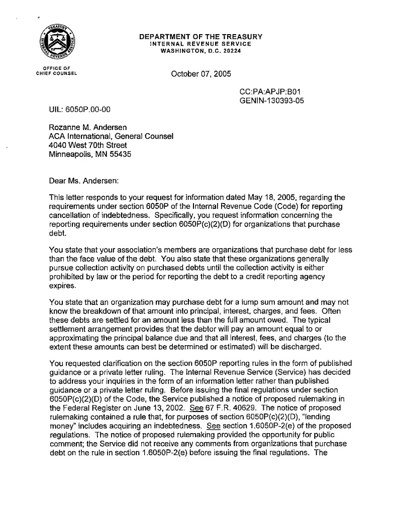 IRS Letter To ACA Request For Guidance On Issuing 1099-C To Consumers | PDF