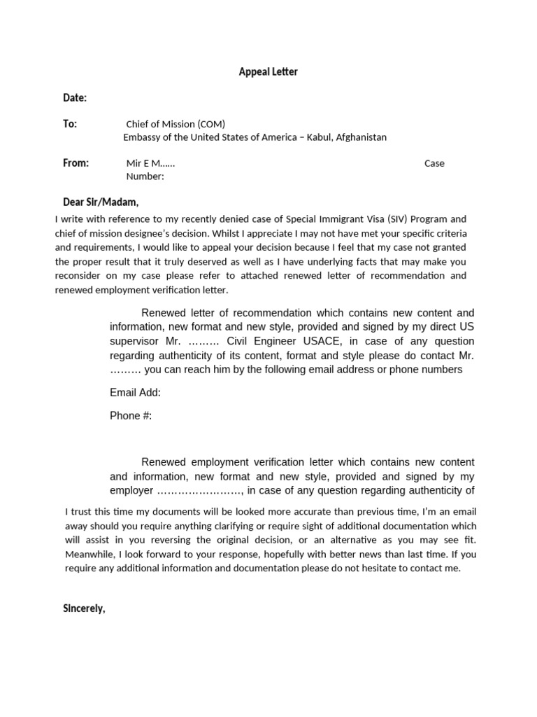 SIV Visa Denial Appeal Letter | PDF