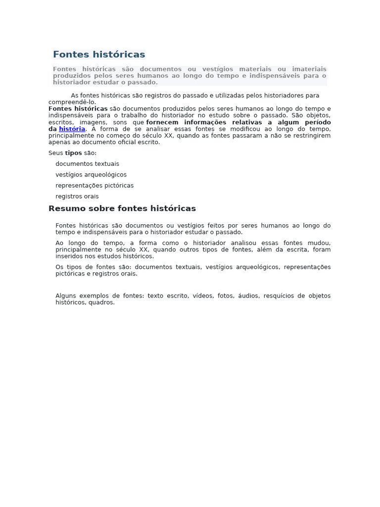 Tipos e Exemplos de Fontes Históricas | PDF