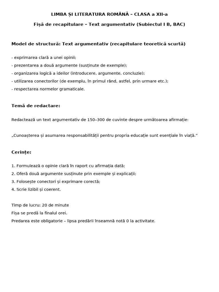 Fisa Text Argumentativ BAC Clasa 12 | PDF