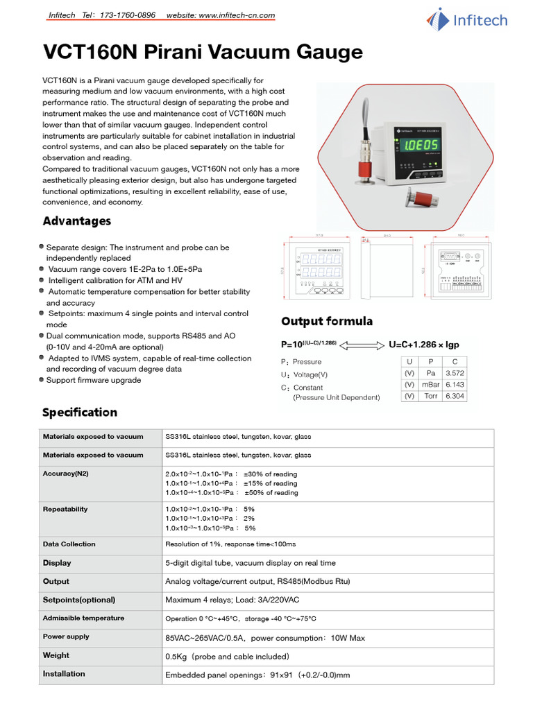 VCT160N Pirani Vacuum Gauge Overview | PDF | Pressure Measurement | Vacuum
