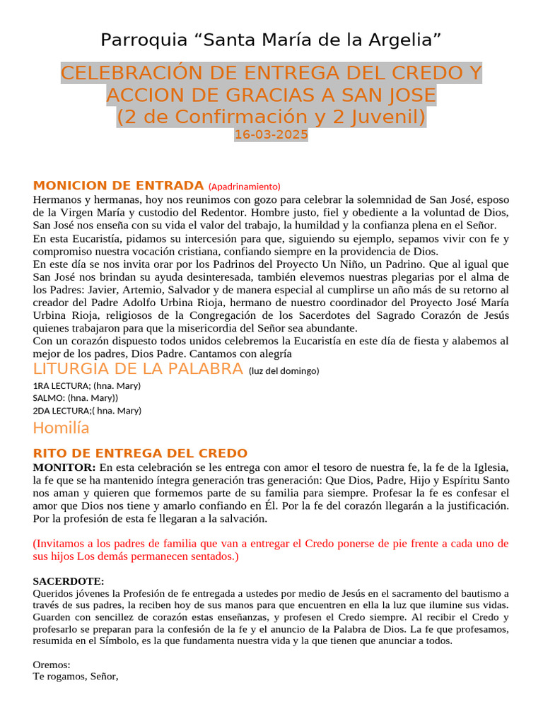 CELEBRACION DE ENTREGA DEL CREDO y San Jose | PDF | Fe | María, madre ...
