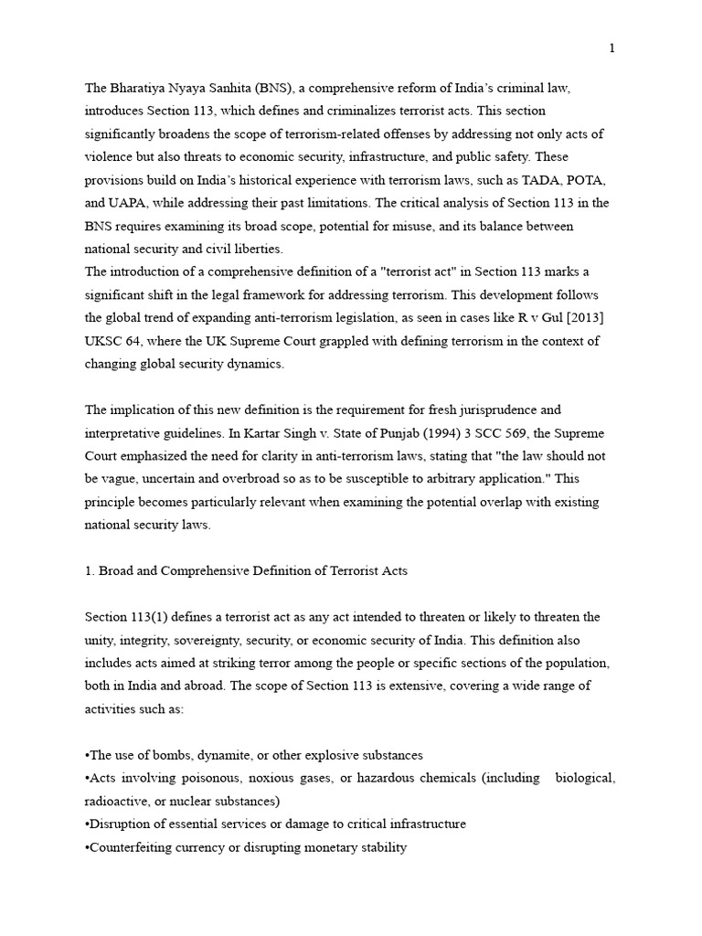 Section 113: Defining Terrorism in BNS | PDF | Burden Of Proof (Law ...
