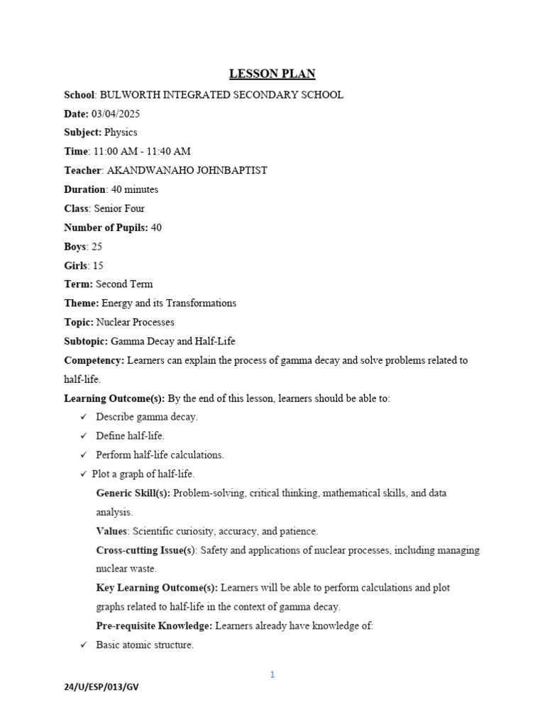 Physics Lesson Plan: Gamma Decay | PDF | Radioactive Decay | Gamma Ray