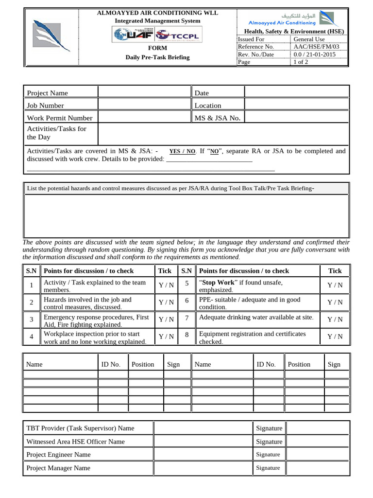 Daily HSE Pre-Task Briefing Form | PDF | Labor Relations | Working ...