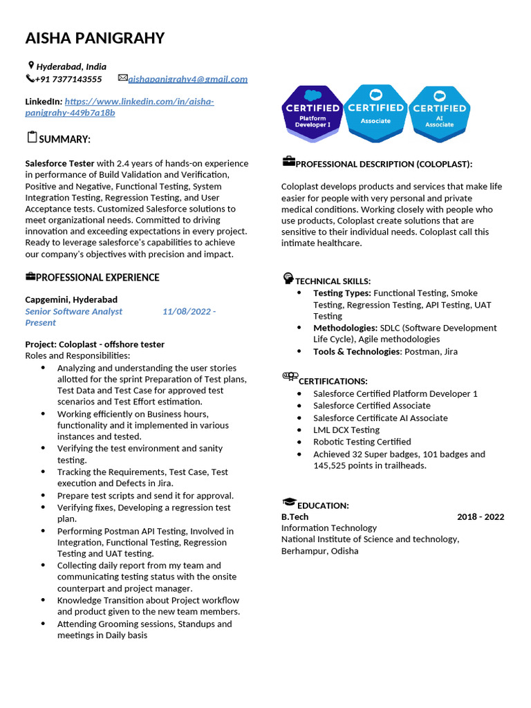 Salesforce Tester Resume - Aisha Panigrahy | PDF | Software Engineering ...