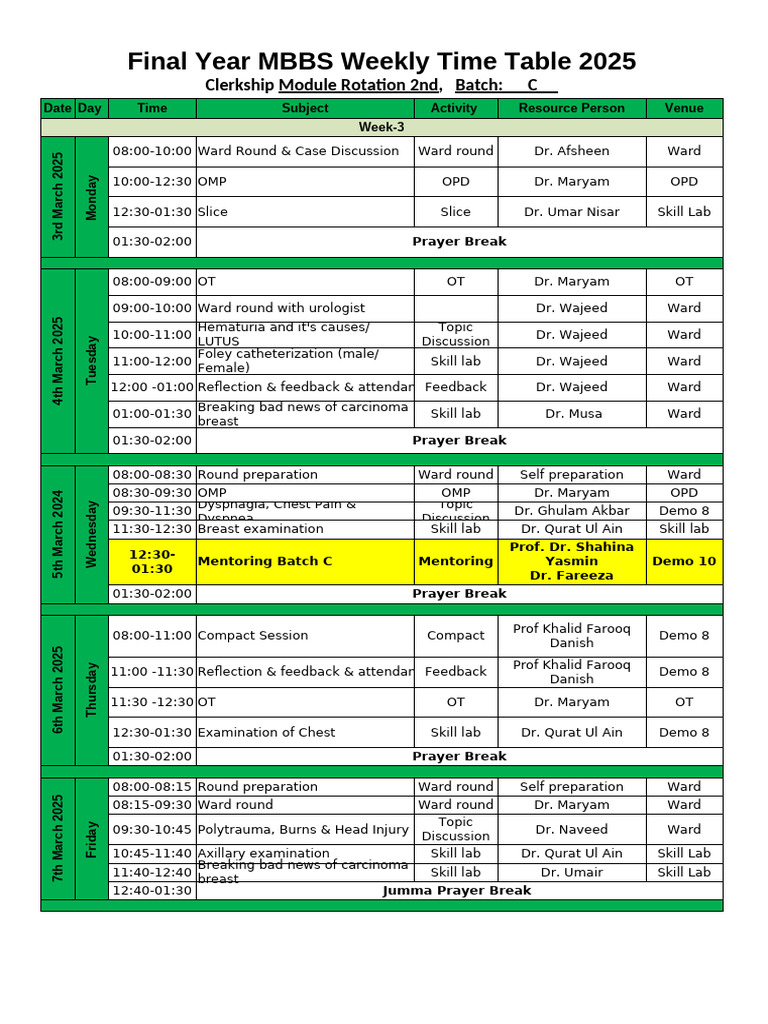 Surgery Clerkship Time Table, Week 3, RT 2nd | PDF | Diseases And ...