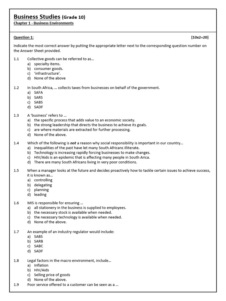 Grade 10 Worksheet Chapter 1 Business Environments 1 | PDF ...