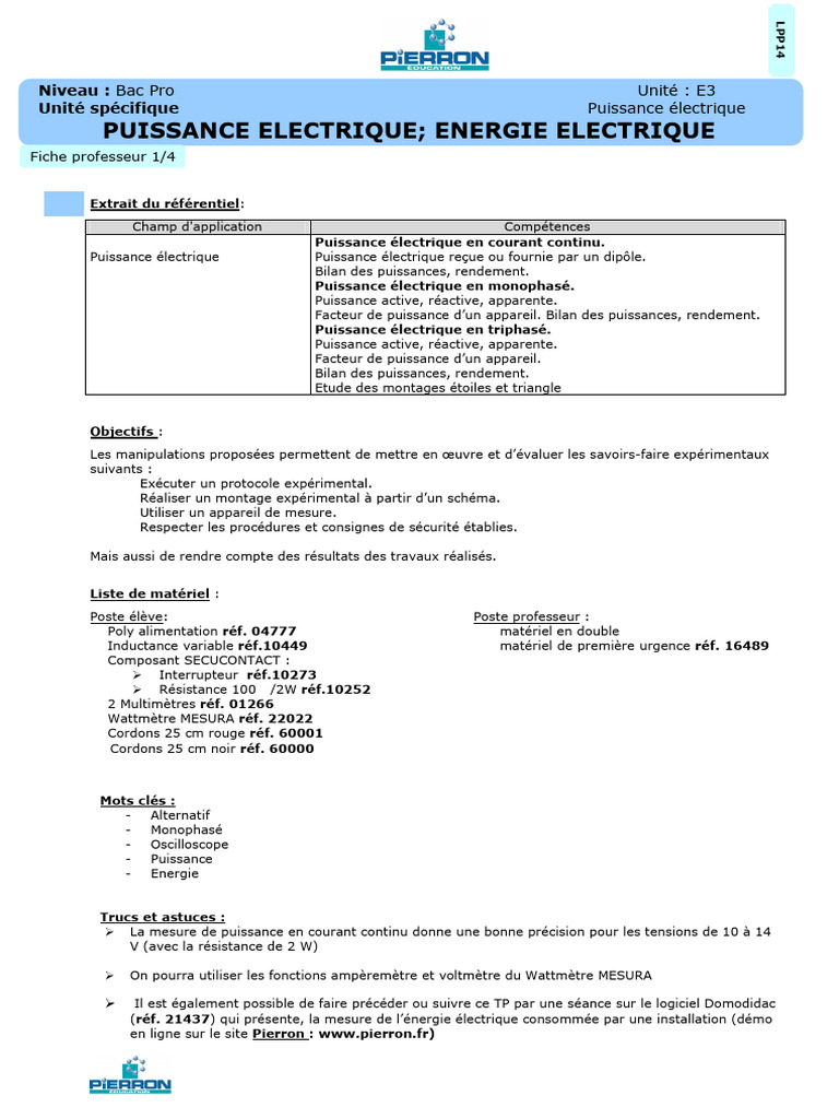 TP Puissance Électrique Bac Pro | PDF | Puissance (physique) | Électricité