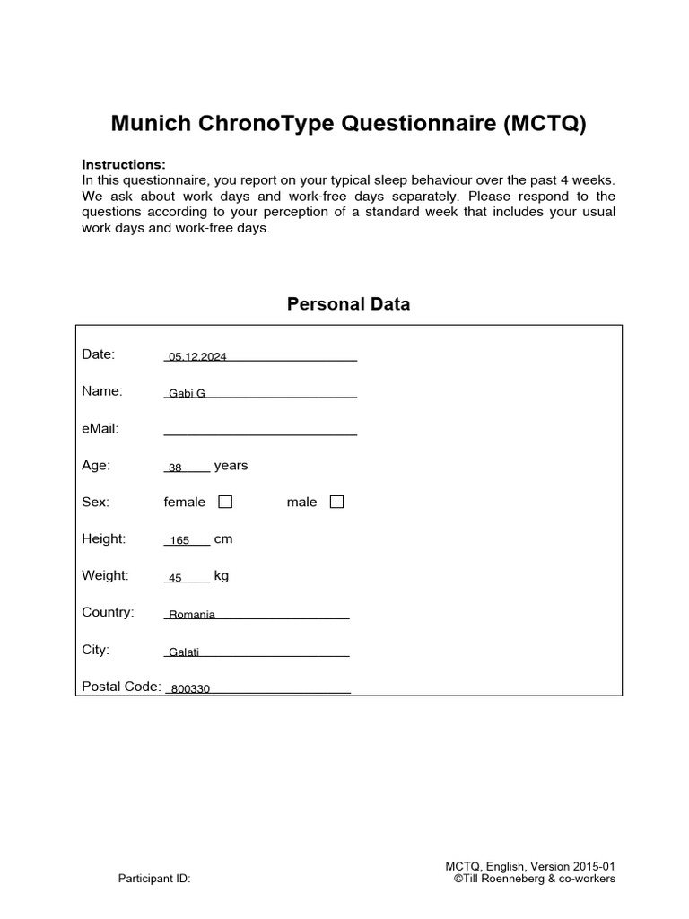 Munich ChronoType Questionnaire 2015 | PDF | Drink