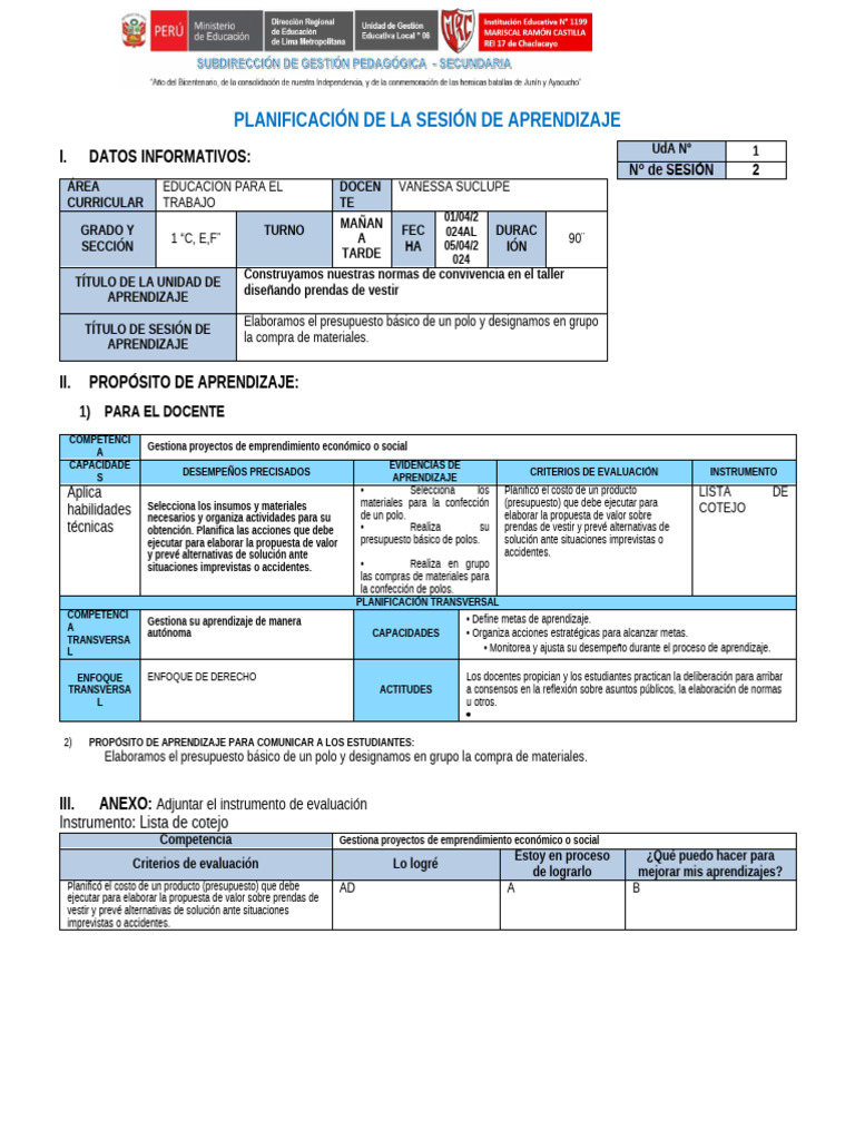 Planificación de Aprendizaje 2024 | PDF | Presupuesto | Evaluación