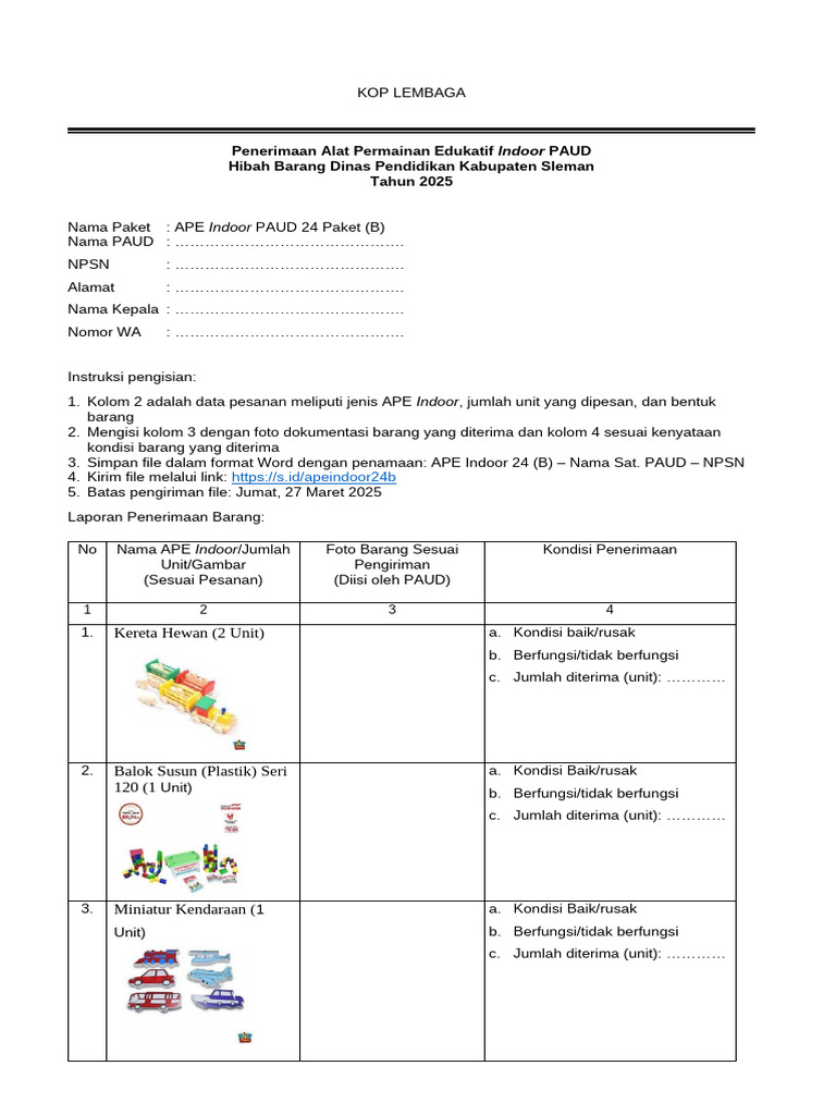 Format Laporan APE Indoor 24 Paket (B) | PDF