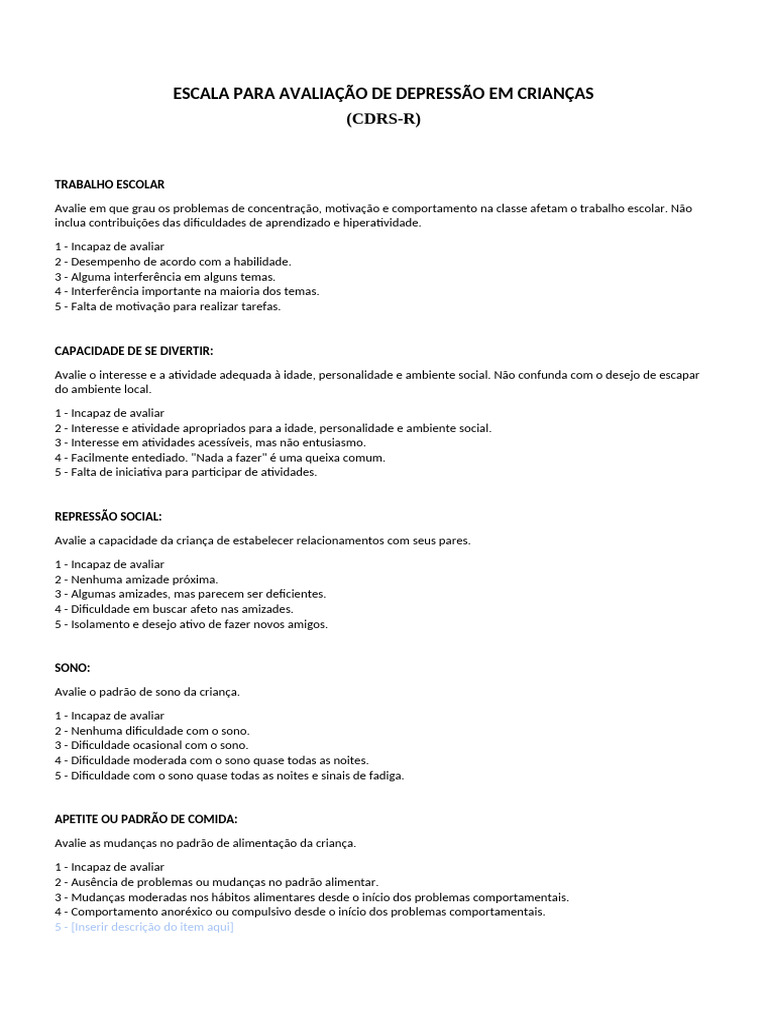 Avaliação de Depressão Infantil (CDRS-R) | PDF | Depressão | Suicídio
