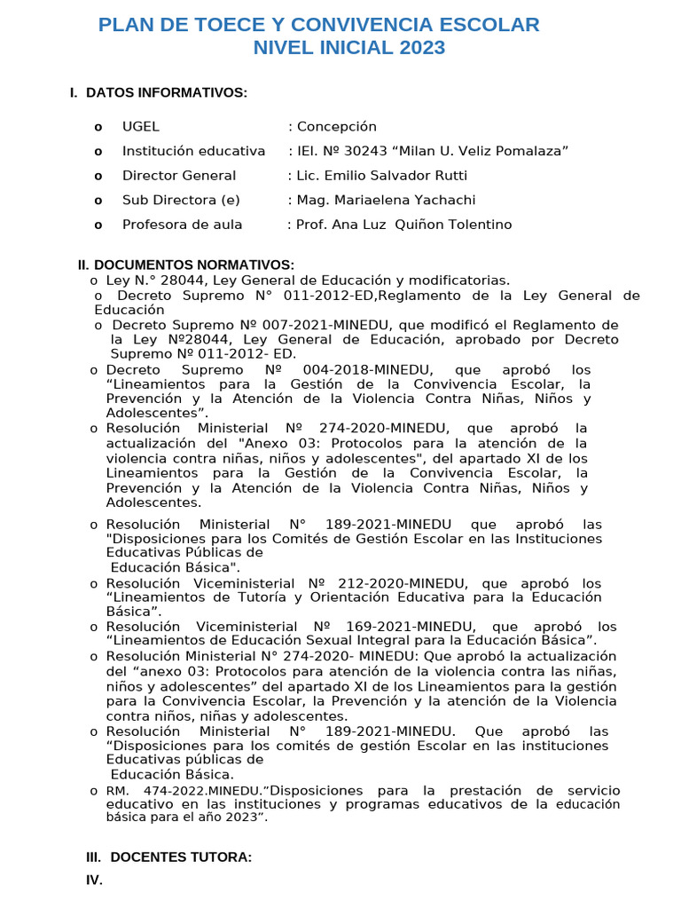Plan de Convivencia Escolar 2023 | PDF | Educación de la primera ...