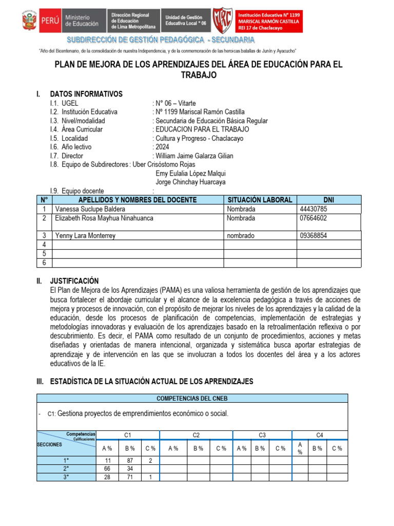 Plan de Mejora Aprendizajes 2024 | PDF | Aprendizaje | Maestros