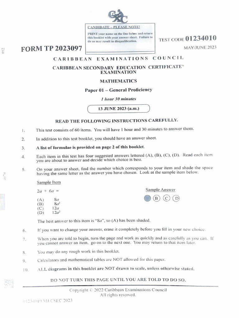 CSEC June 2023 Mathematics Paper 1 | PDF | Circle | Area