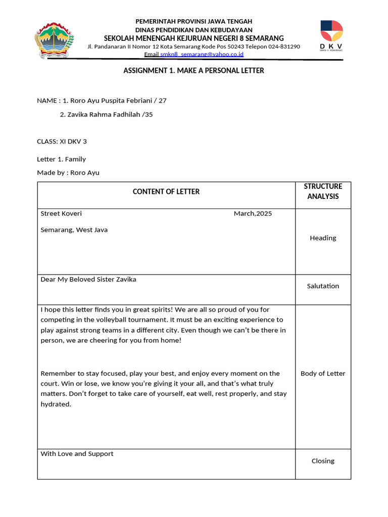 Personal Letters from SMK Negeri 8 Semarang | PDF