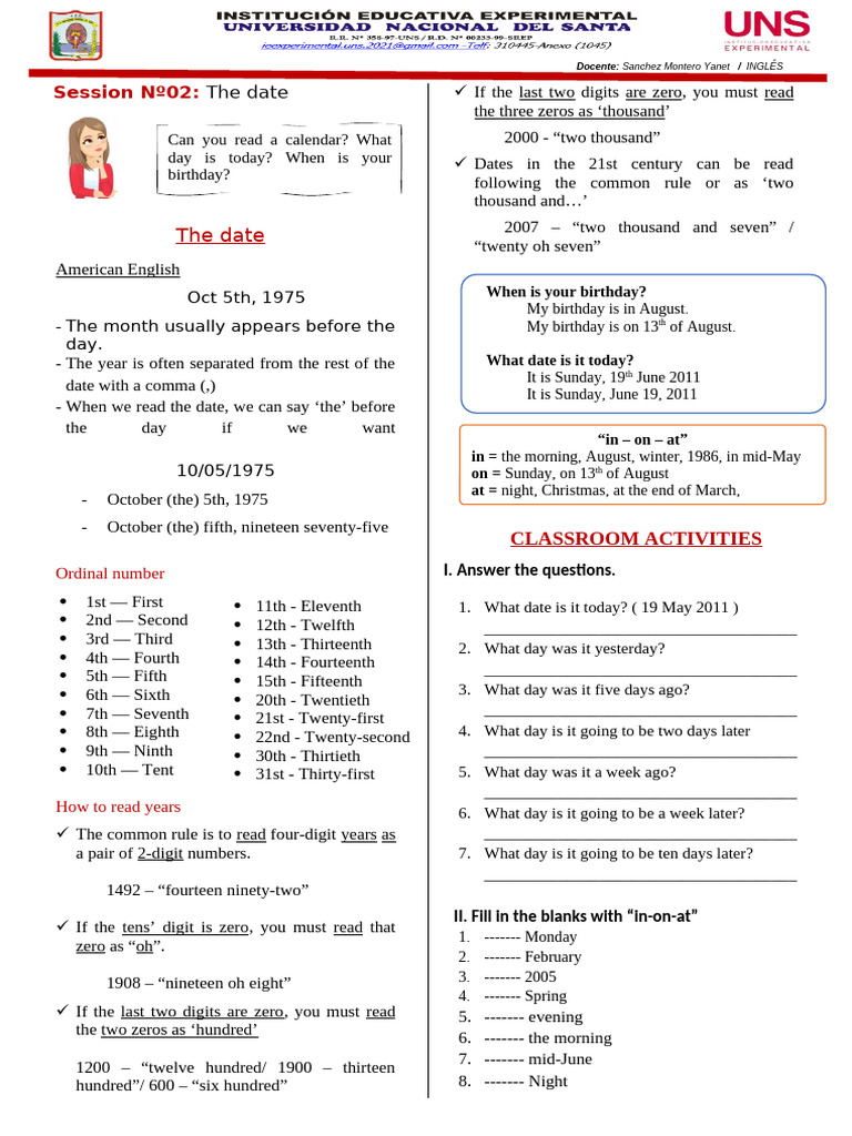 1° - MÓDULO - UNIDAD 03 - 02 - The Date | PDF