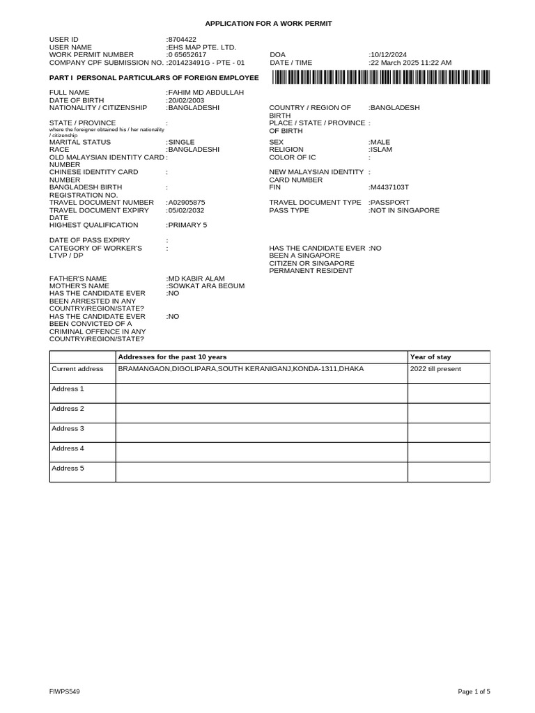 Work Permit Application for Fahim Abdullah | PDF | Employment ...