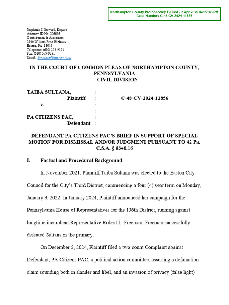PA Citizens PAC Defamation Motion Brief | PDF | Defamation | New York ...