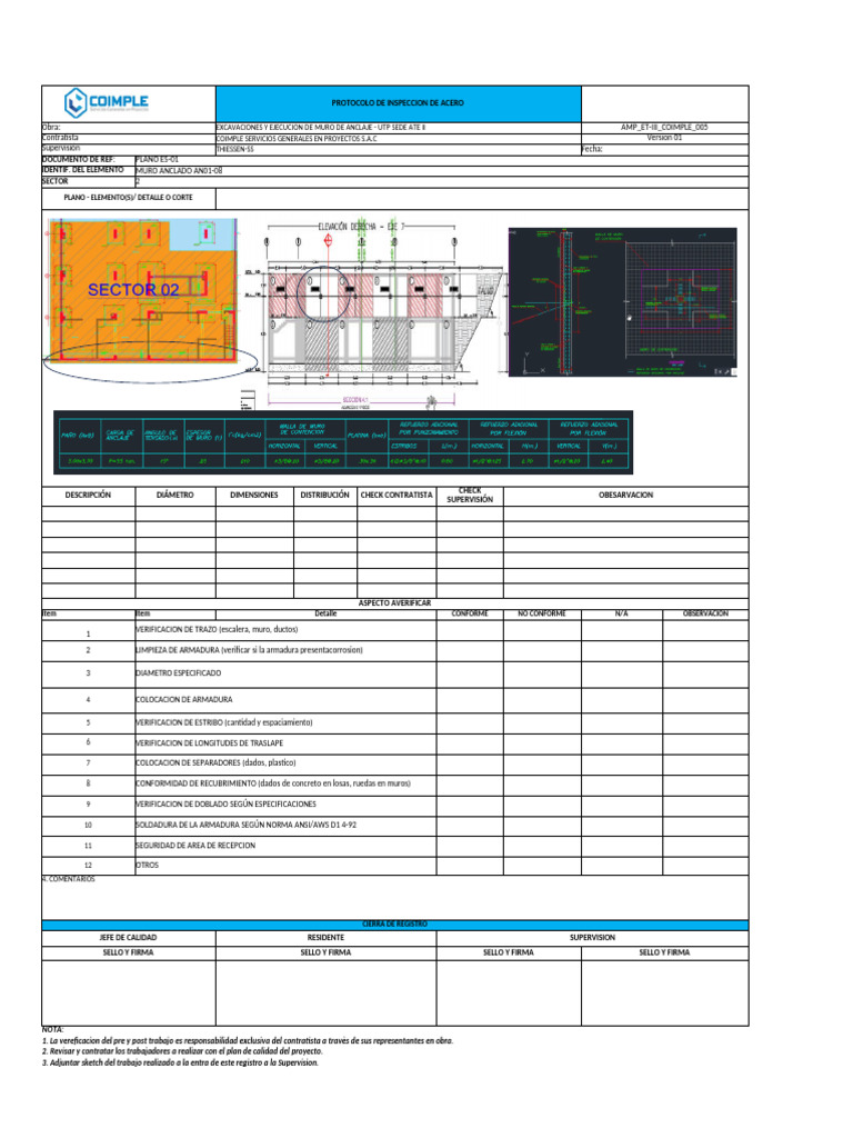 Protocolo Inspección Muro Anclado UTP | PDF