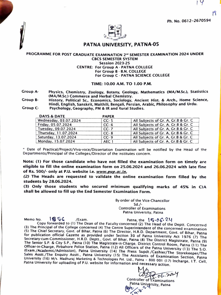 PG 2nd Semester Exam Schedule 2024 | PDF