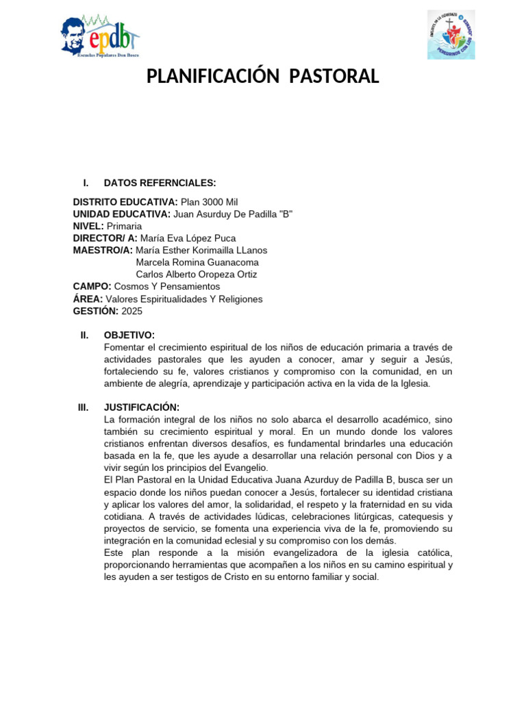 Plan Pastoral para Primaria 2025 | PDF
