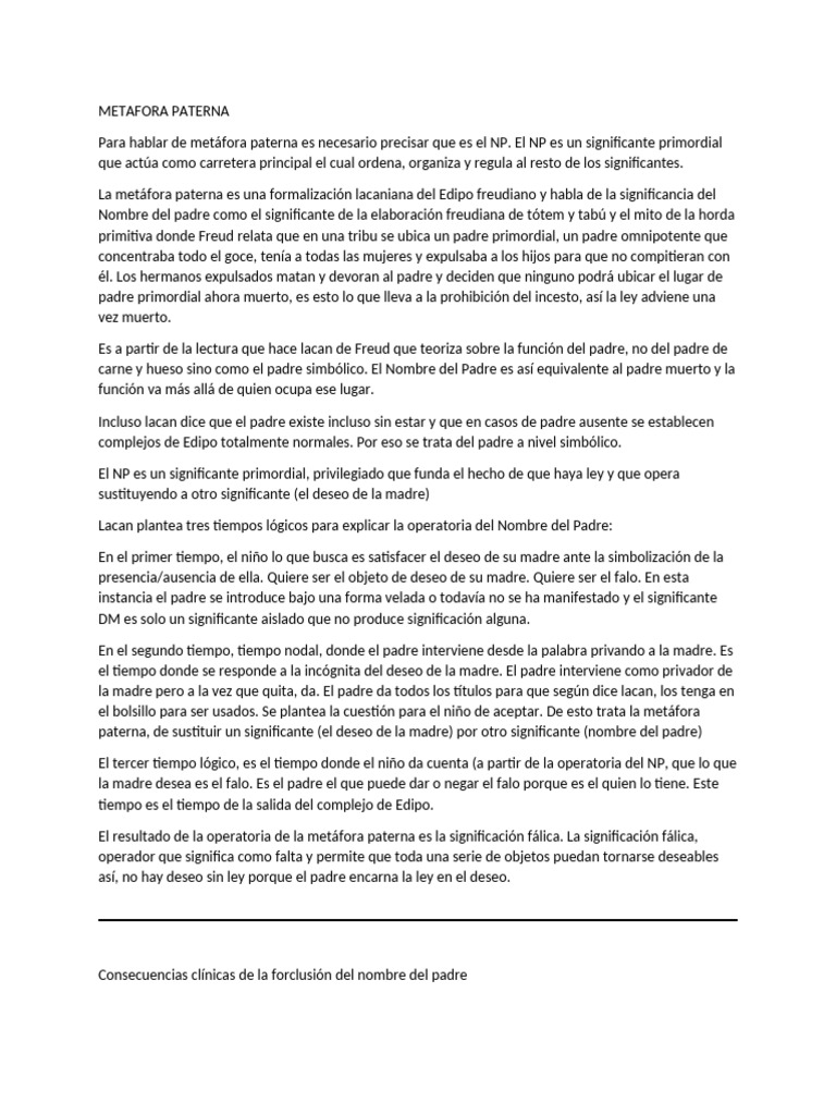 La Metáfora Paterna en Lacan | PDF | Jacques Lacan | Complejo de Edipo