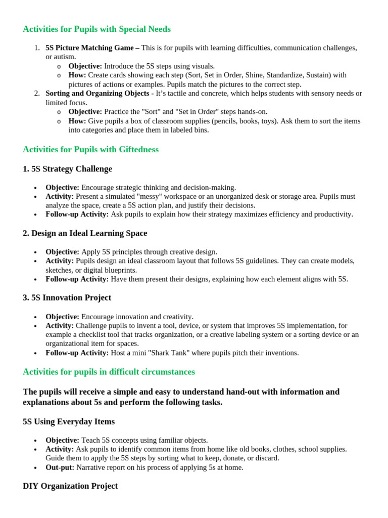 Activities For Pupils With Special Needs - 5s | PDF | Learning ...