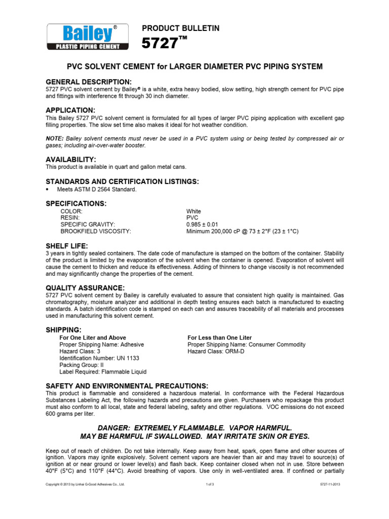Bailey 5727 PVC Solvent Cement SDS | PDF | Dangerous Goods | Polyvinyl ...