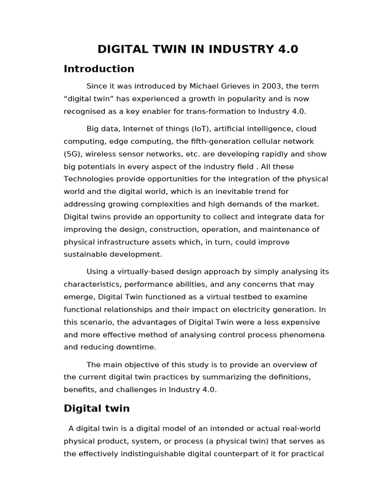 Digital Twin's Role in Industry 4.0 | PDF | Internet Of Things | Simulation