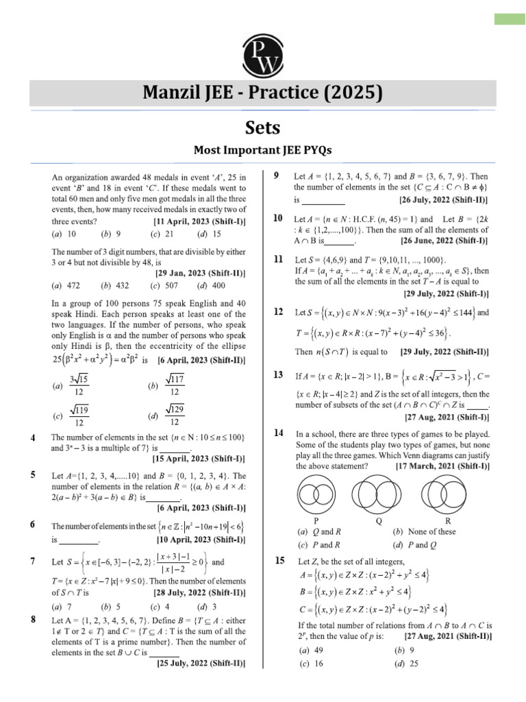 Sets - PYQ Sheet (Questions) - Manzil JEE 2025 | PDF
