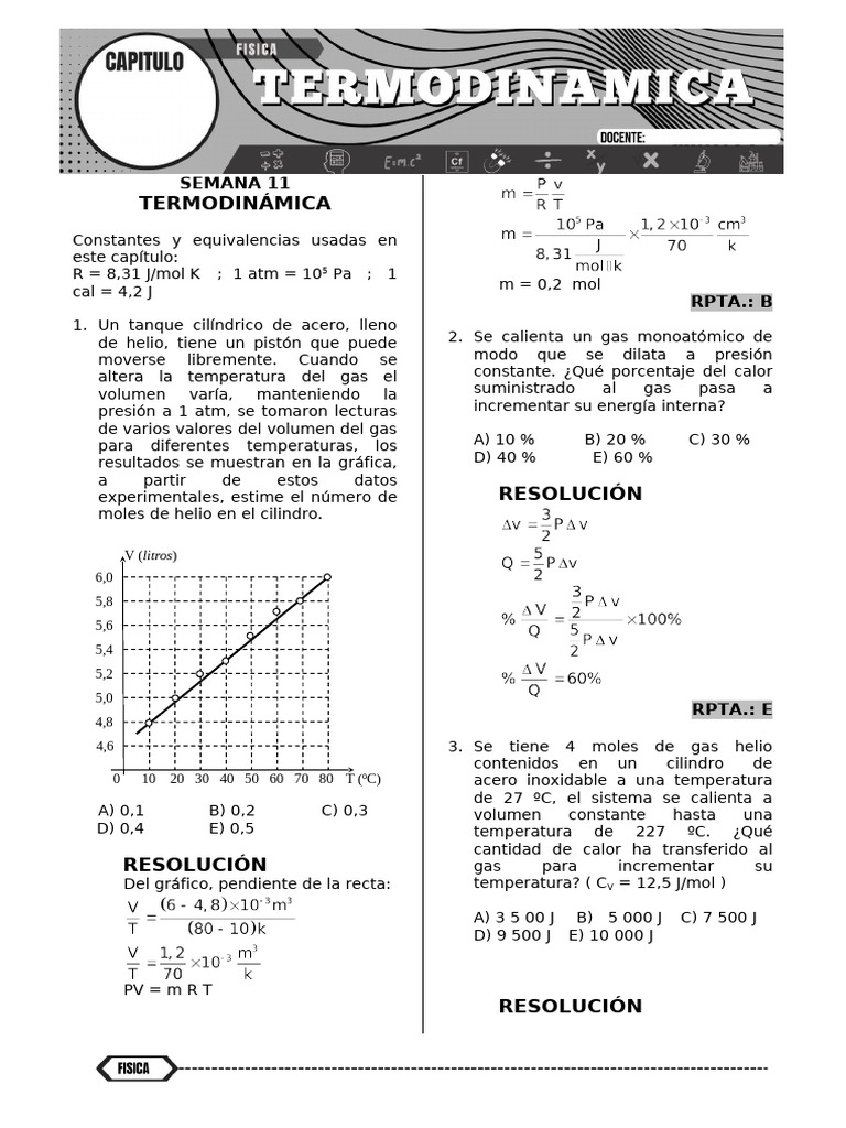 Ejercicios de Termodinámica y Resoluciones | PDF | Gases | Temperatura