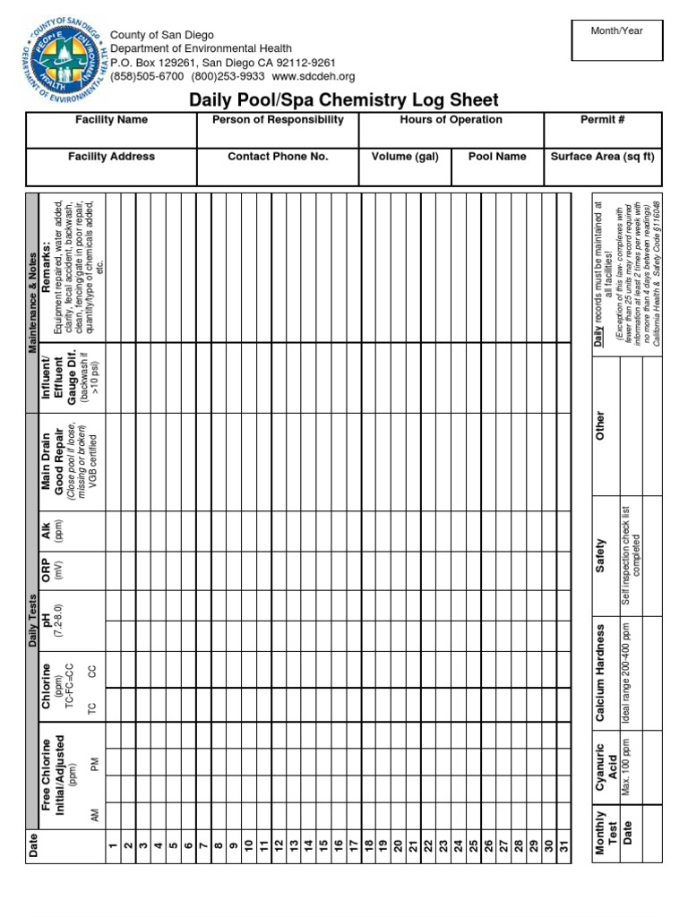 Daily Pool Chemical Log Sheet | PDF