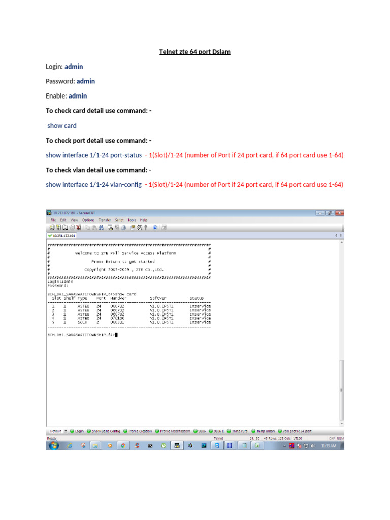 ZTE DSLAM Telnet Commands Guide | PDF