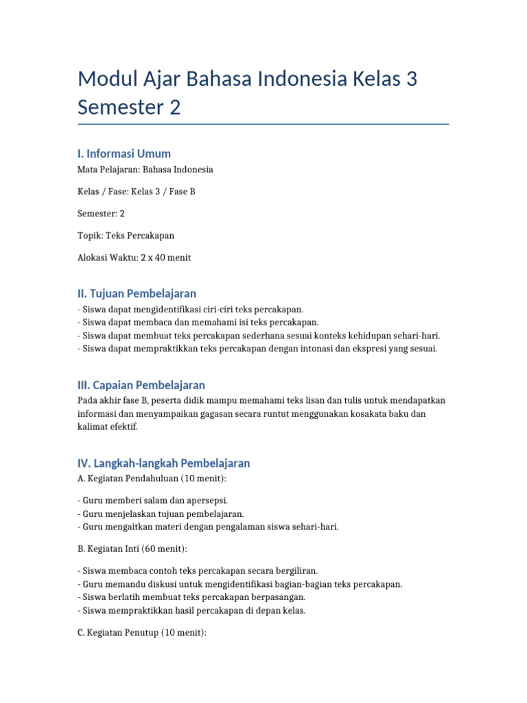 Modul Ajar Bahasa Indonesia Kelas 3 | PDF