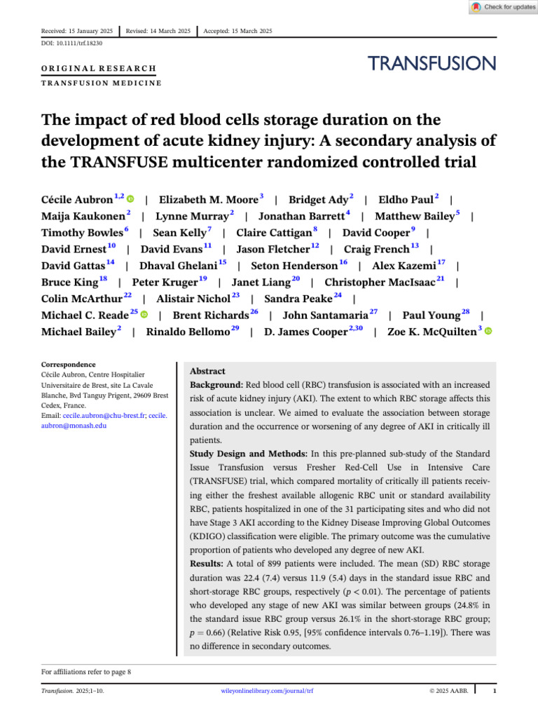 Transfusion - 2025 - Aubron - The Impact of Red Blood Cells Storage ...