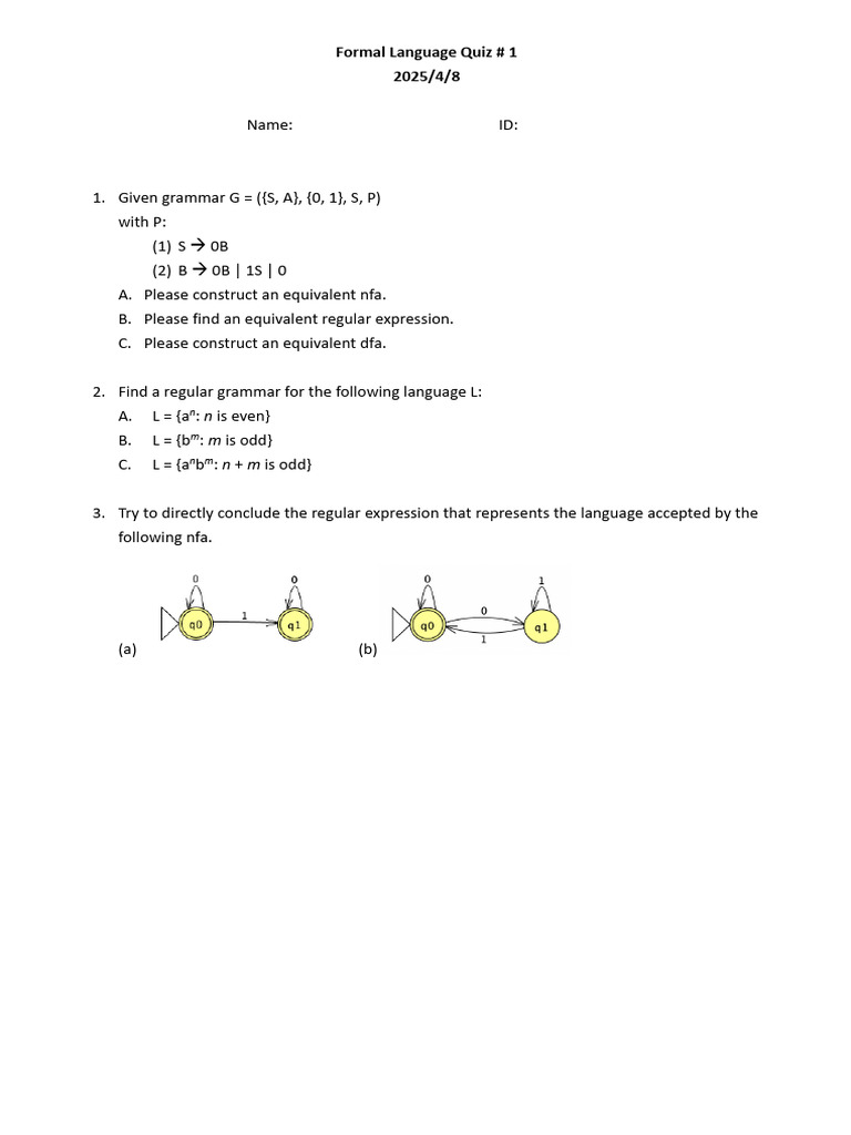 Formal Language Quiz: NFA, DFA, Regex | PDF
