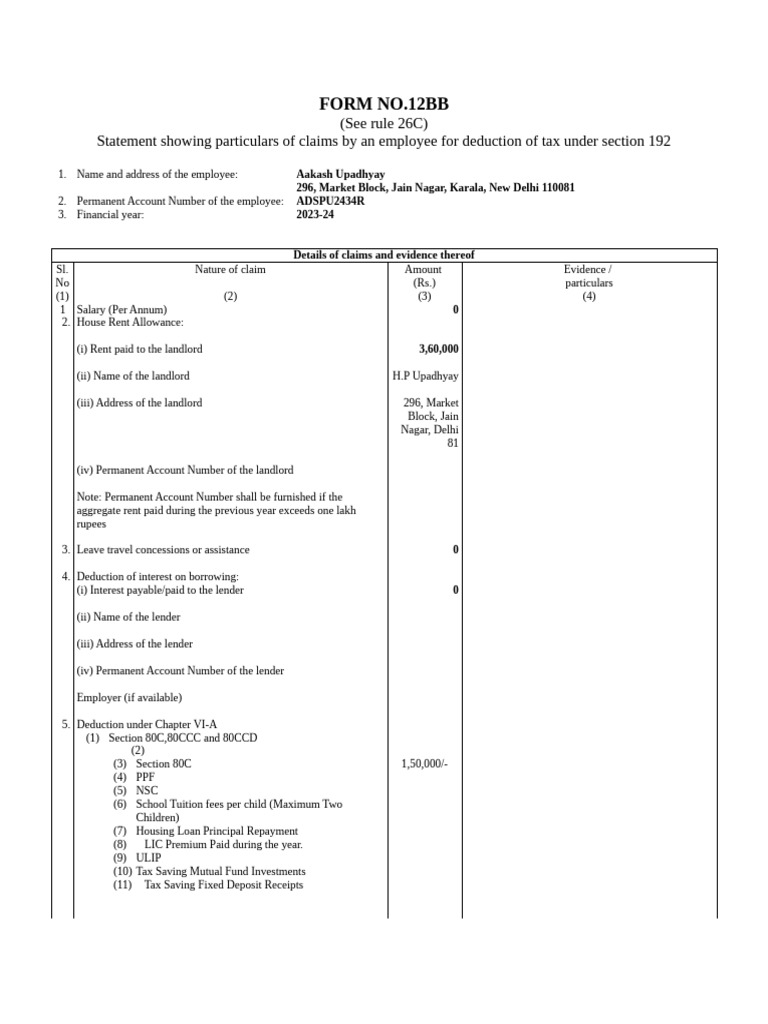 Form 12BB Tax Deduction Claims | PDF | Financial Services | Personal ...
