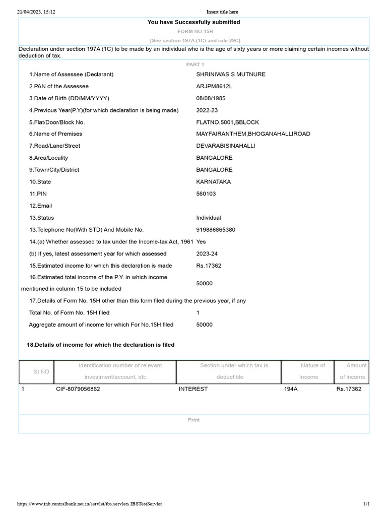 Form 15G Central Bank of India | PDF | Income | Taxes