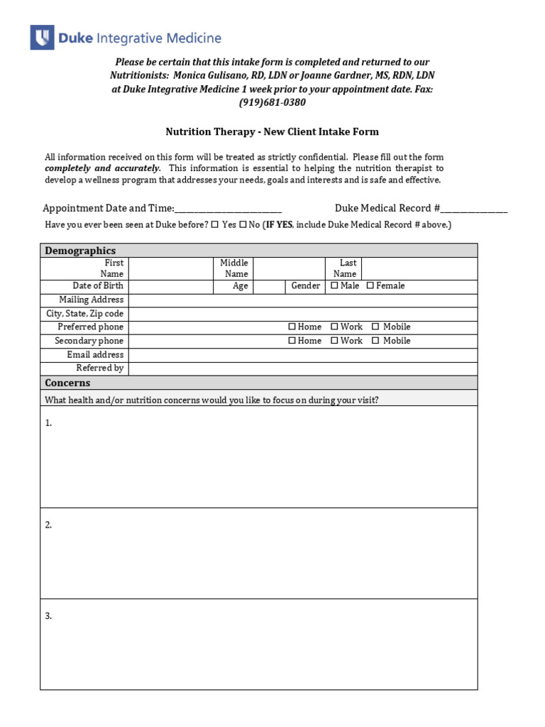 Nutrition Therapy Client Intake Form | PDF | Gastroesophageal Reflux ...