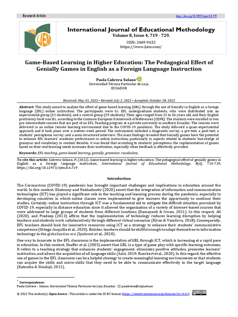 Game-Based Learning in Higher Education | PDF | English As A Second Or ...