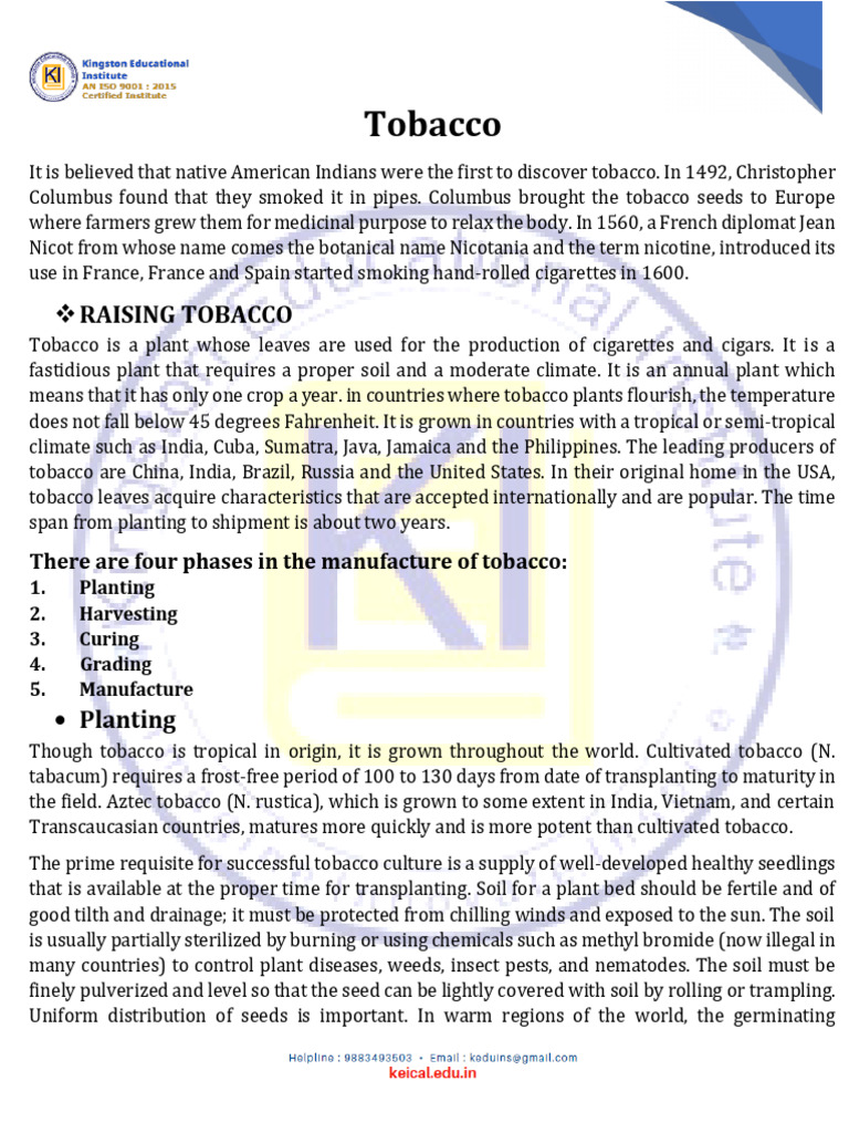 tobacco pharmacognosy What Is Tobacco? Is a Drug? Nicotiana tabacum: From a Beneficial