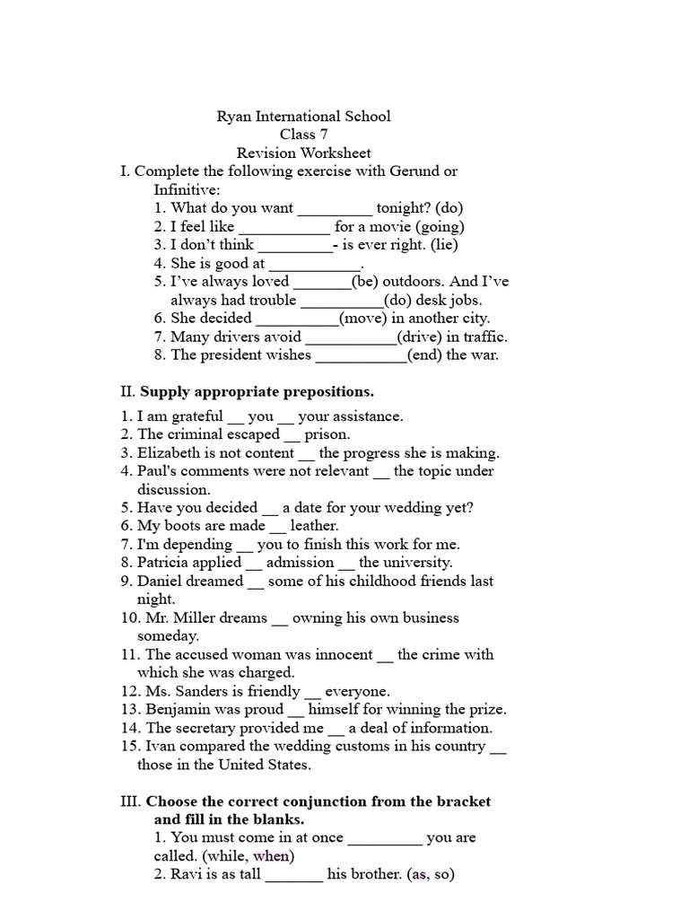Class 7 English Grammar Revision Worksheet | PDF | Grammar | Linguistics